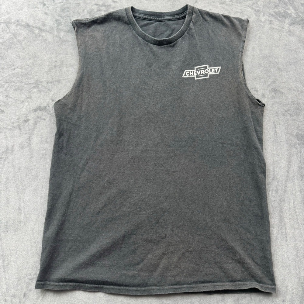 Chevrolet Muscle Tee Faded Black American Flag Eagle Graphic Sleeveless Shirt L
